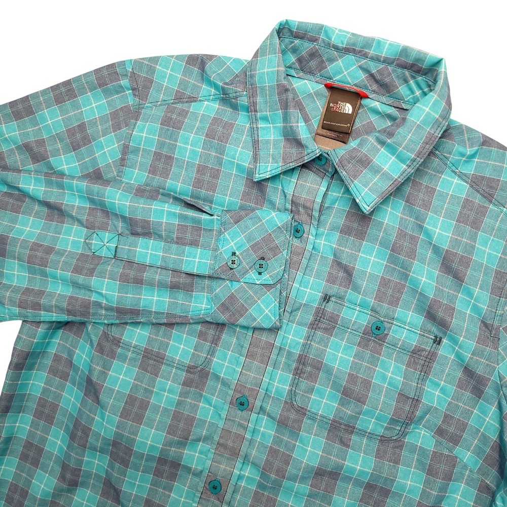 The North Face‎ Shirt Womens Medium Green Plaid Long Sleeve Button Up Hiking